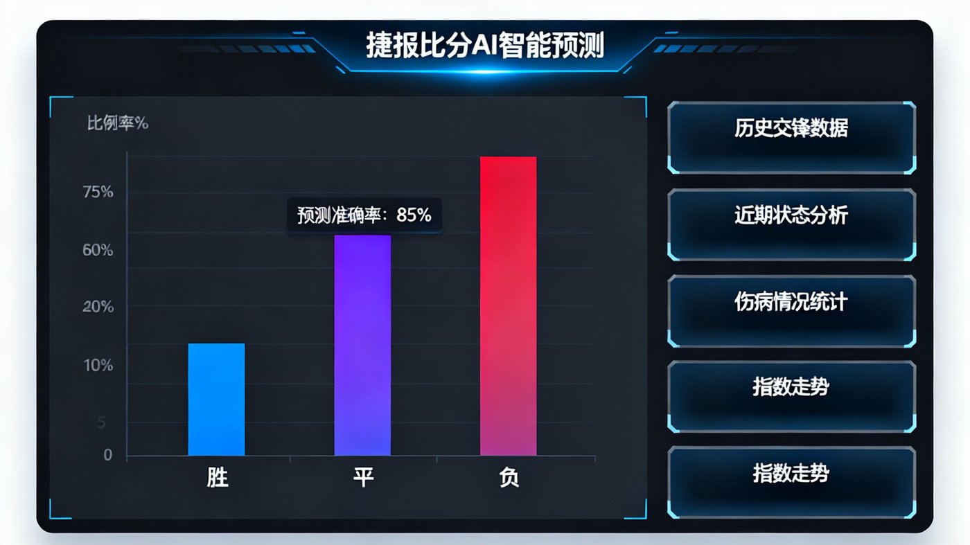 捷报比分AI智能预测功能界面，展示胜平负概率分布柱状图和各维度分析数据面板，界面采用深色主题科技感设计